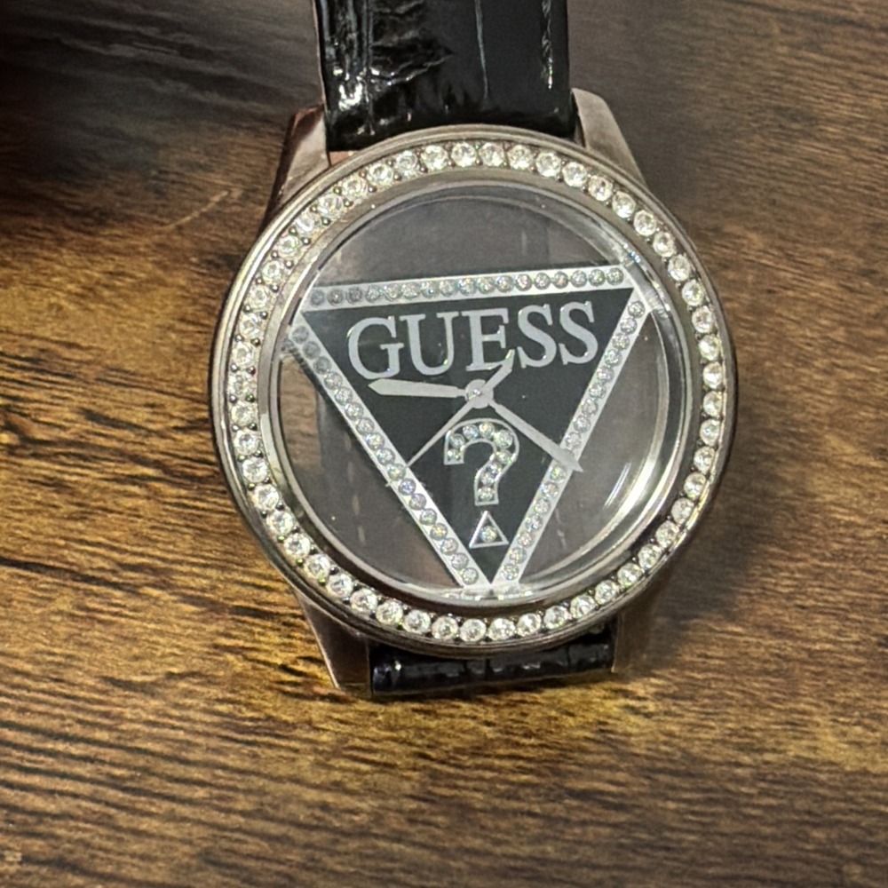 Guess 25th Anniversary Black Leather Ladies Watch, Silver Tone Quartz, See Thru!